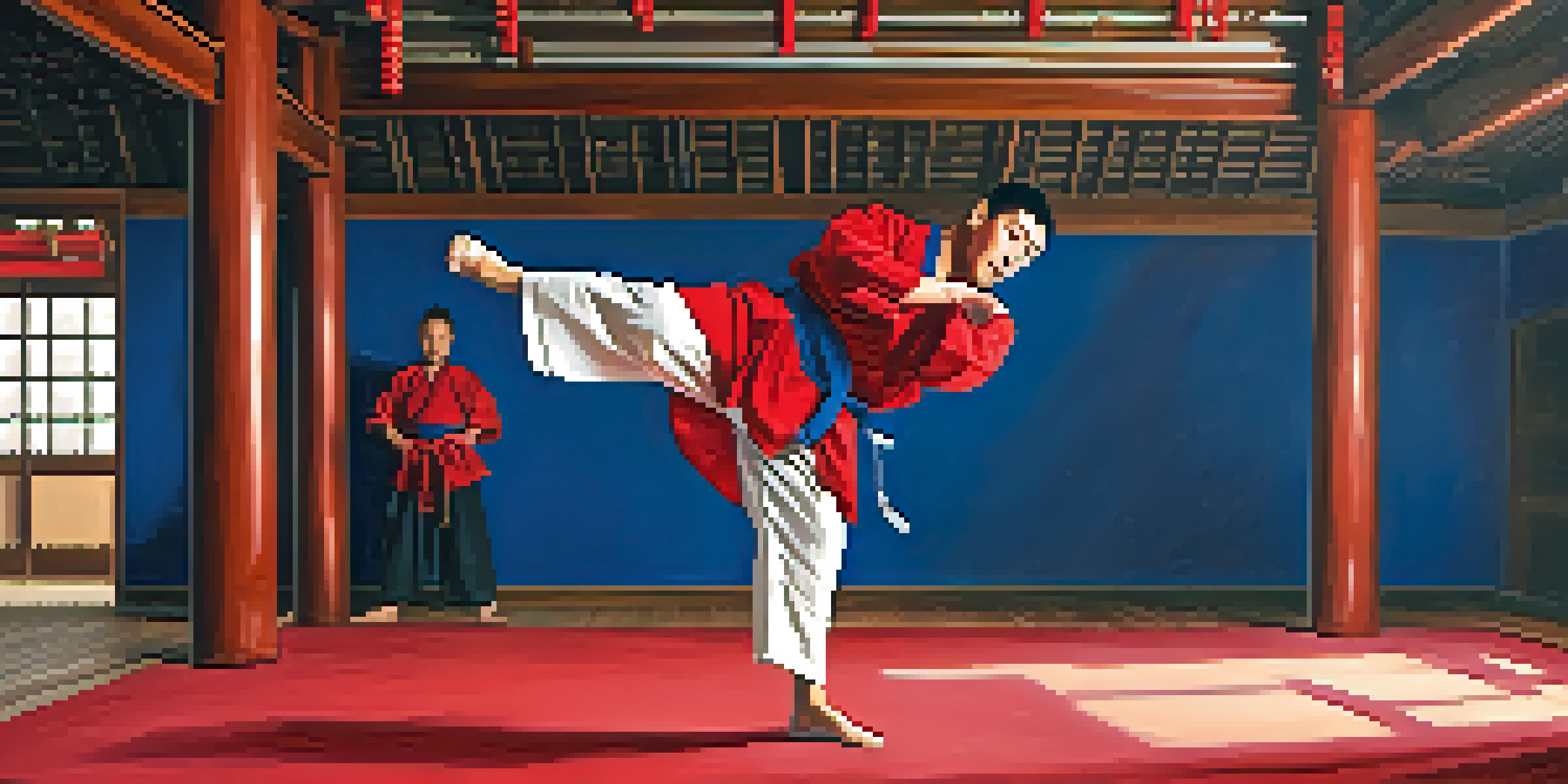 A Sambo practitioner performing a hip throw in a dojo, with wooden floors and martial arts decorations.