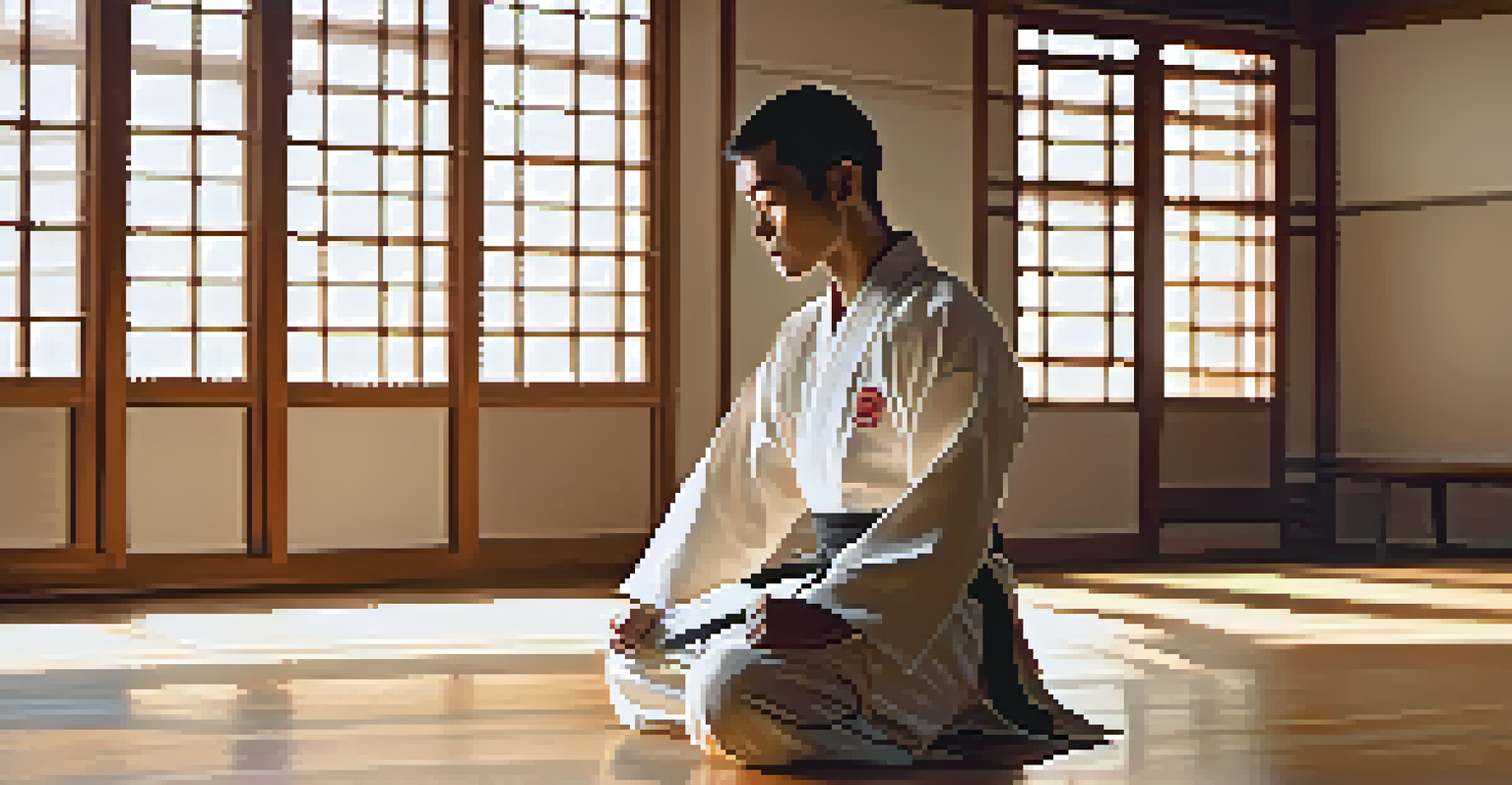 A martial artist practicing visualization in a quiet dojo, with sunlight streaming through the windows.