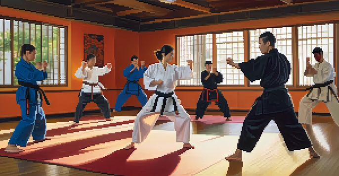 A diverse group of adults practicing self-defense techniques in a bright dojo, with sunlight streaming through the windows.
