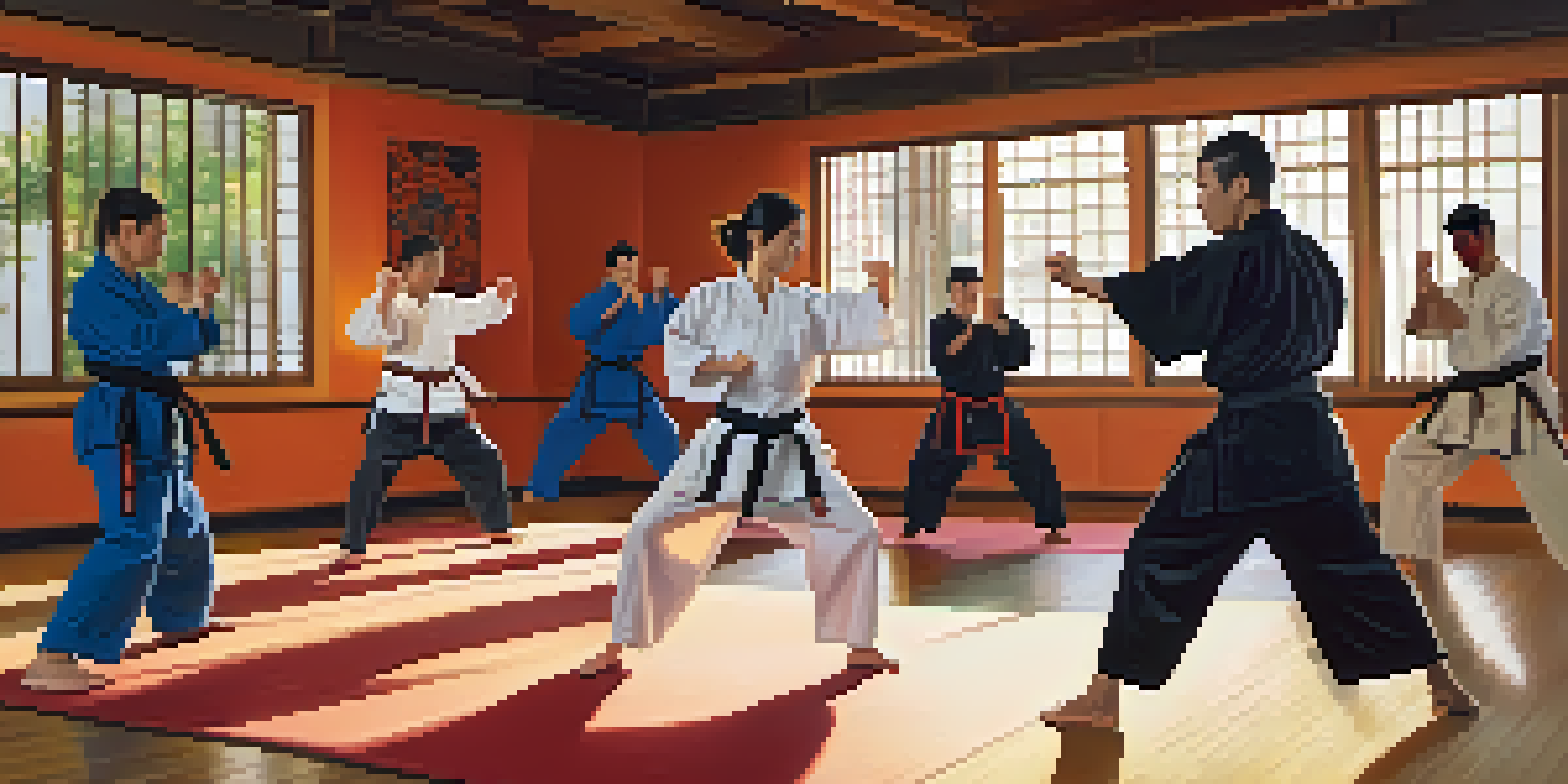 A diverse group of adults practicing self-defense techniques in a bright dojo, with sunlight streaming through the windows.
