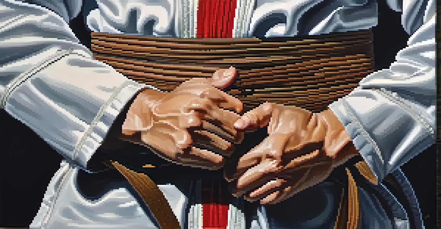 Close-up of a martial artist's hands holding a dojo belt, with training equipment blurred in the background.