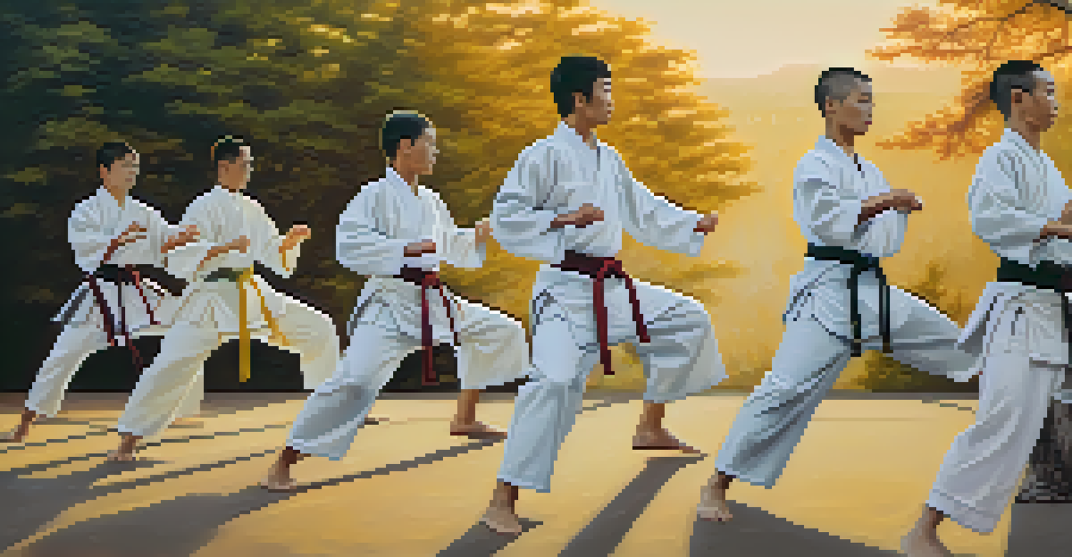 Group of martial artists practicing synchronized movements outdoors at sunrise, surrounded by nature.