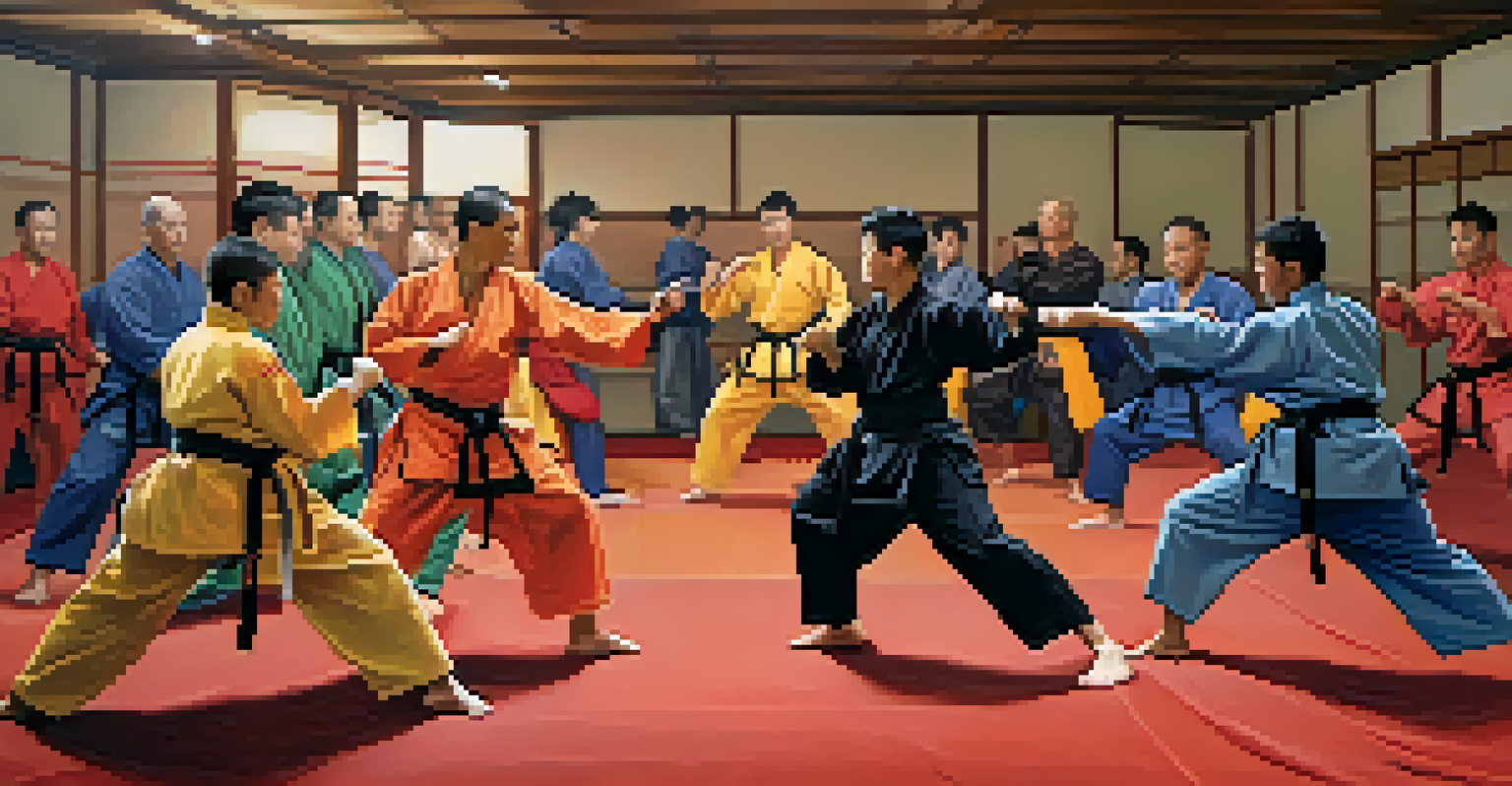 Martial artists sparring in a dojo, demonstrating techniques with spectators observing, creating an energetic atmosphere.