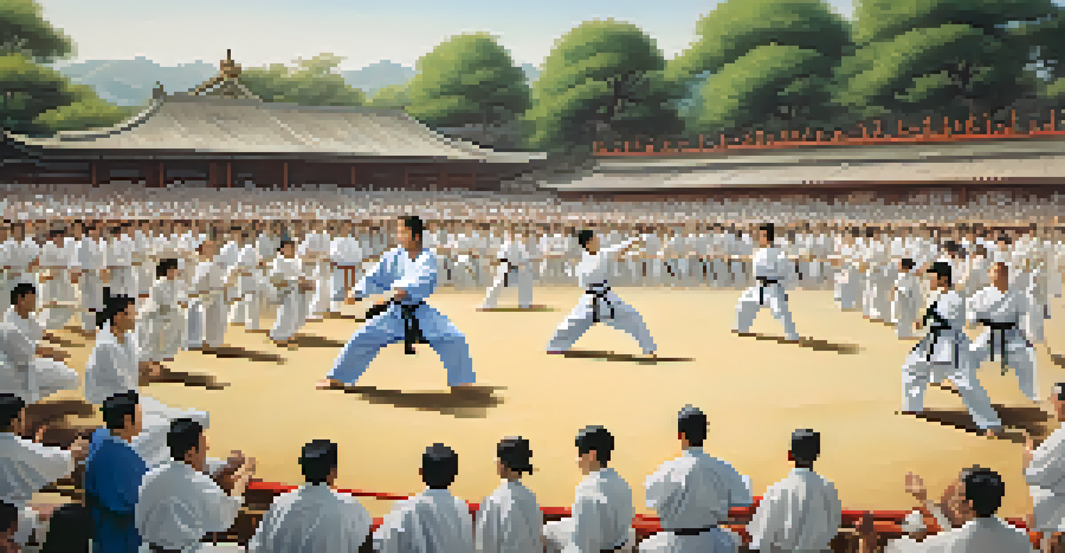 An outdoor martial arts event showcasing a practitioner performing a kata, with spectators cheering and banners in the background.