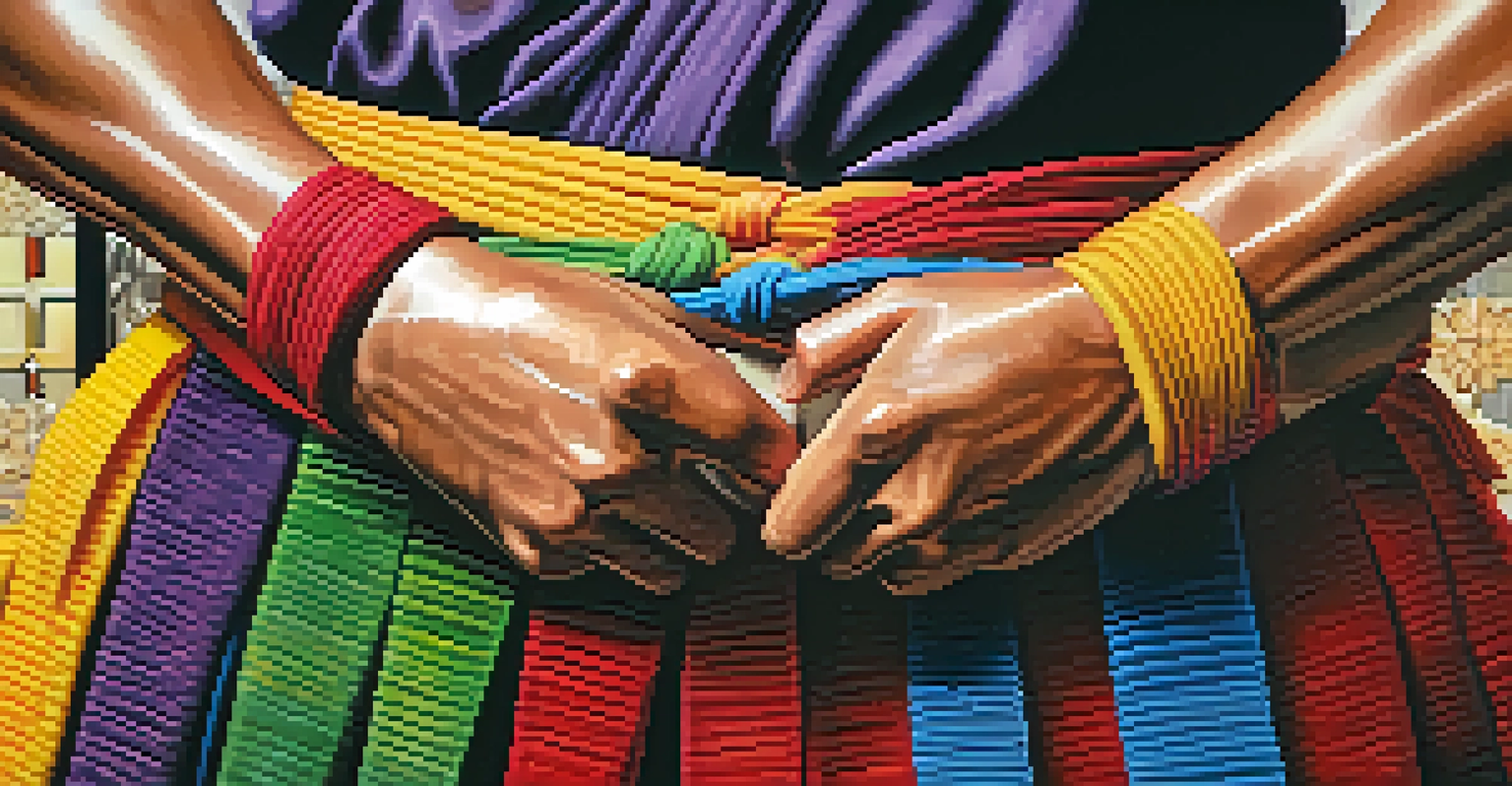 Close-up of hands tying a colored martial arts belt, symbolizing achievement.