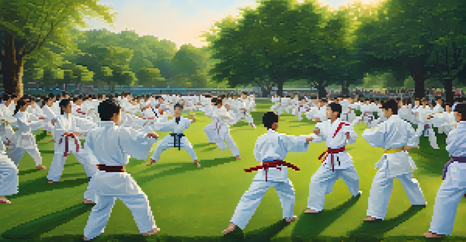 A diverse group of martial arts practitioners performing synchronized movements in a park, showcasing community spirit.