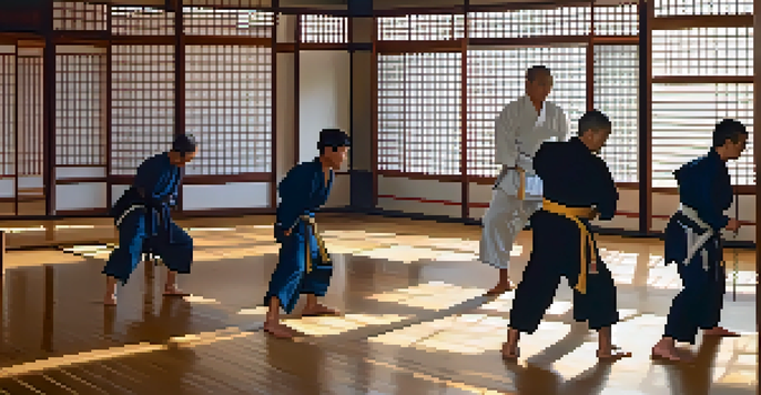 A peaceful dojo with martial artists practicing in the morning light, showing camaraderie and teamwork.