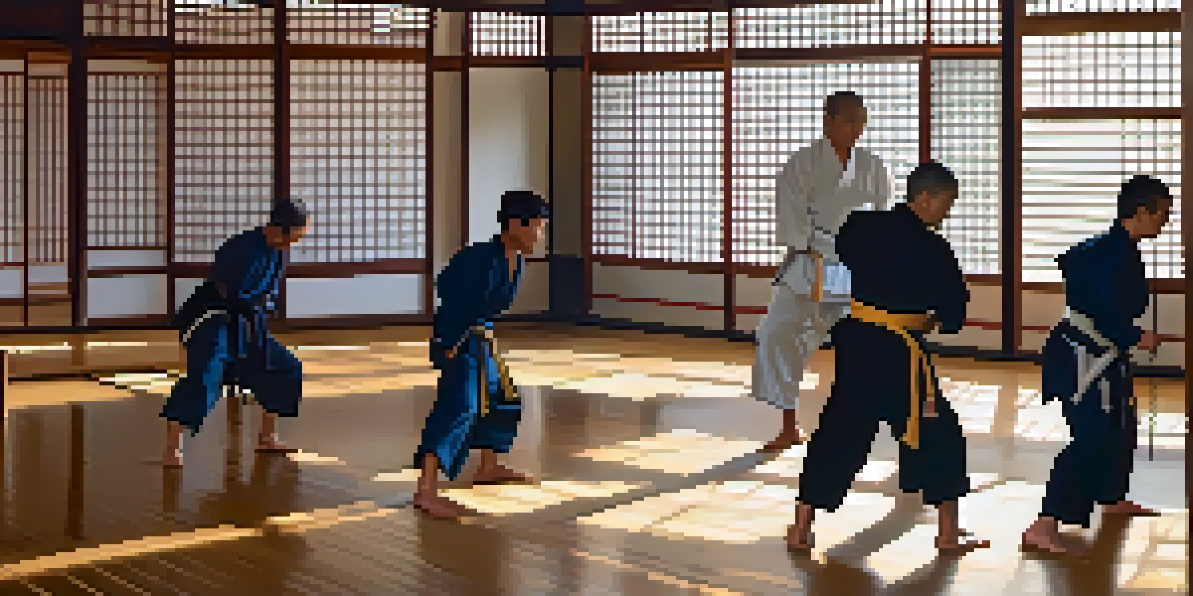 A peaceful dojo with martial artists practicing in the morning light, showing camaraderie and teamwork.