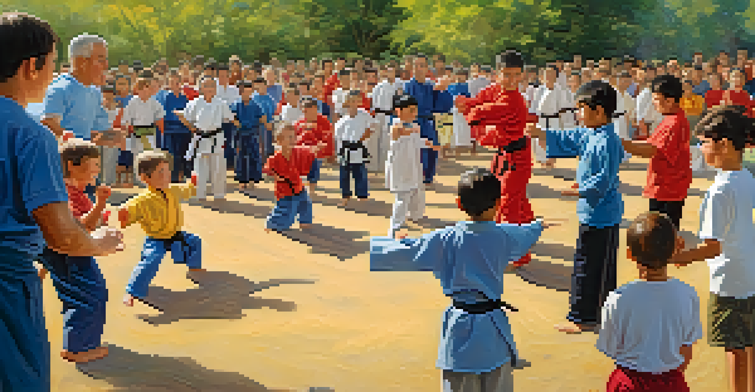 Martial artists teaching self-defense to children outdoors, showcasing a joyful and engaging community event.