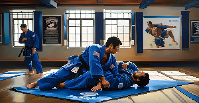 Two practitioners sparring in a Brazilian Jiu-Jitsu dojo, with sunlight streaming through large windows, creating a calm atmosphere.