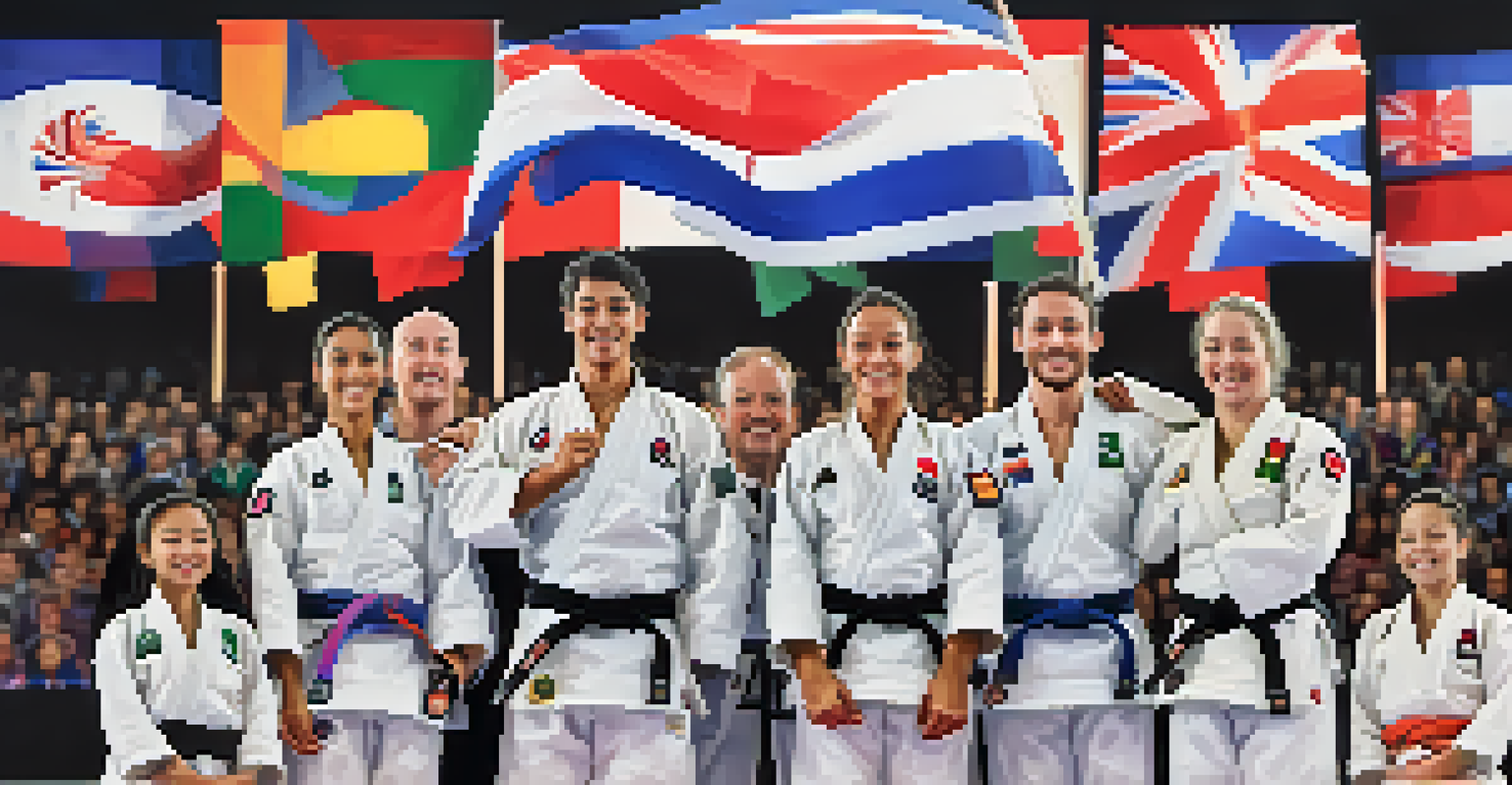 Athletes from various countries celebrating on the podium at a judo competition, showcasing their medals and national flags.