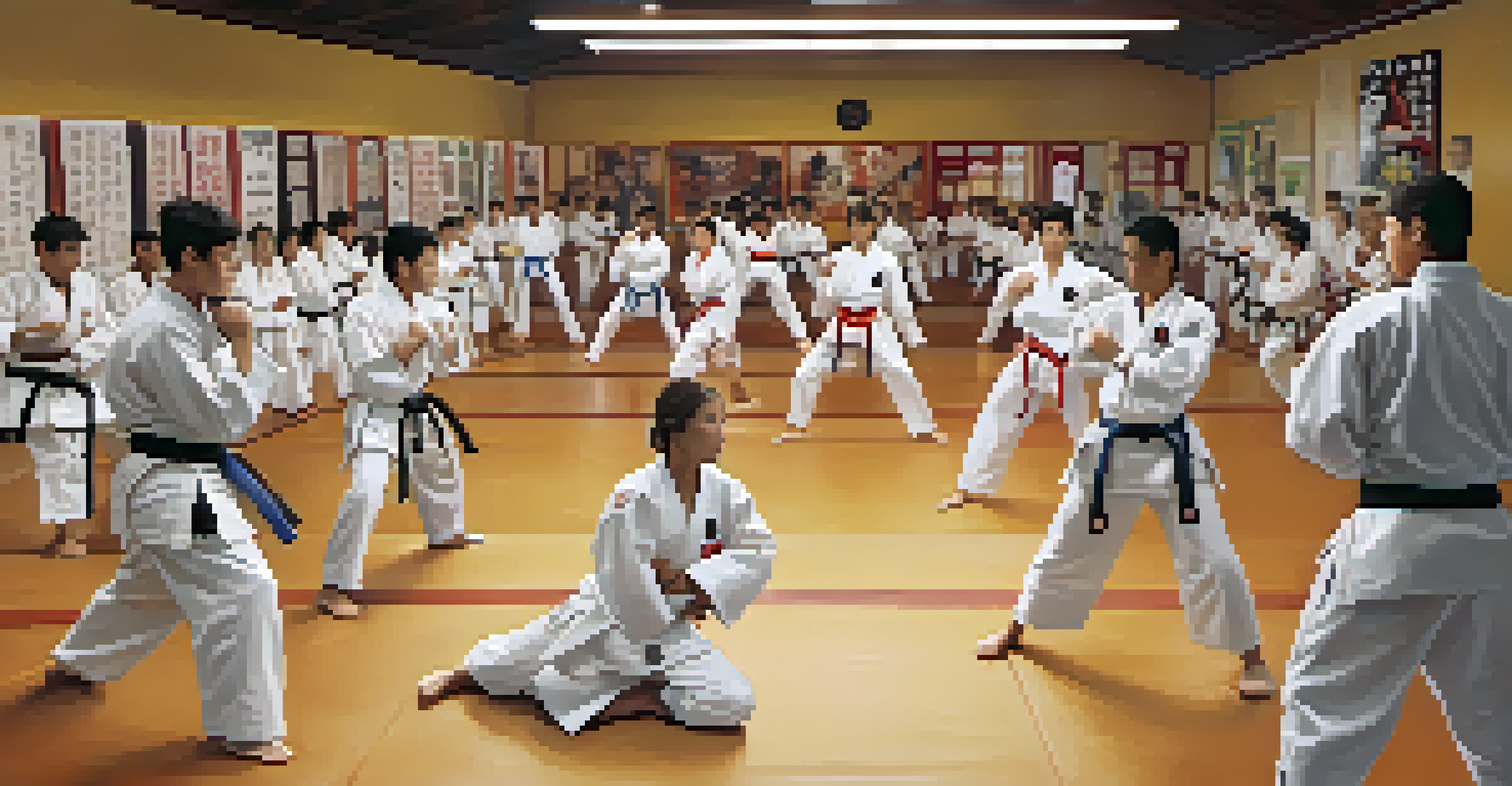 A karate class with students sparring, showcasing their determination in a well-lit dojo.