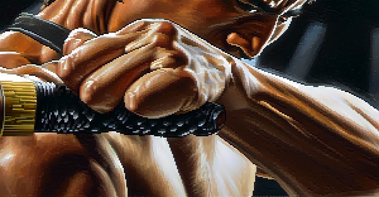 Close-up of a martial artist's hands gripping a training weapon, highlighting the texture and strength.