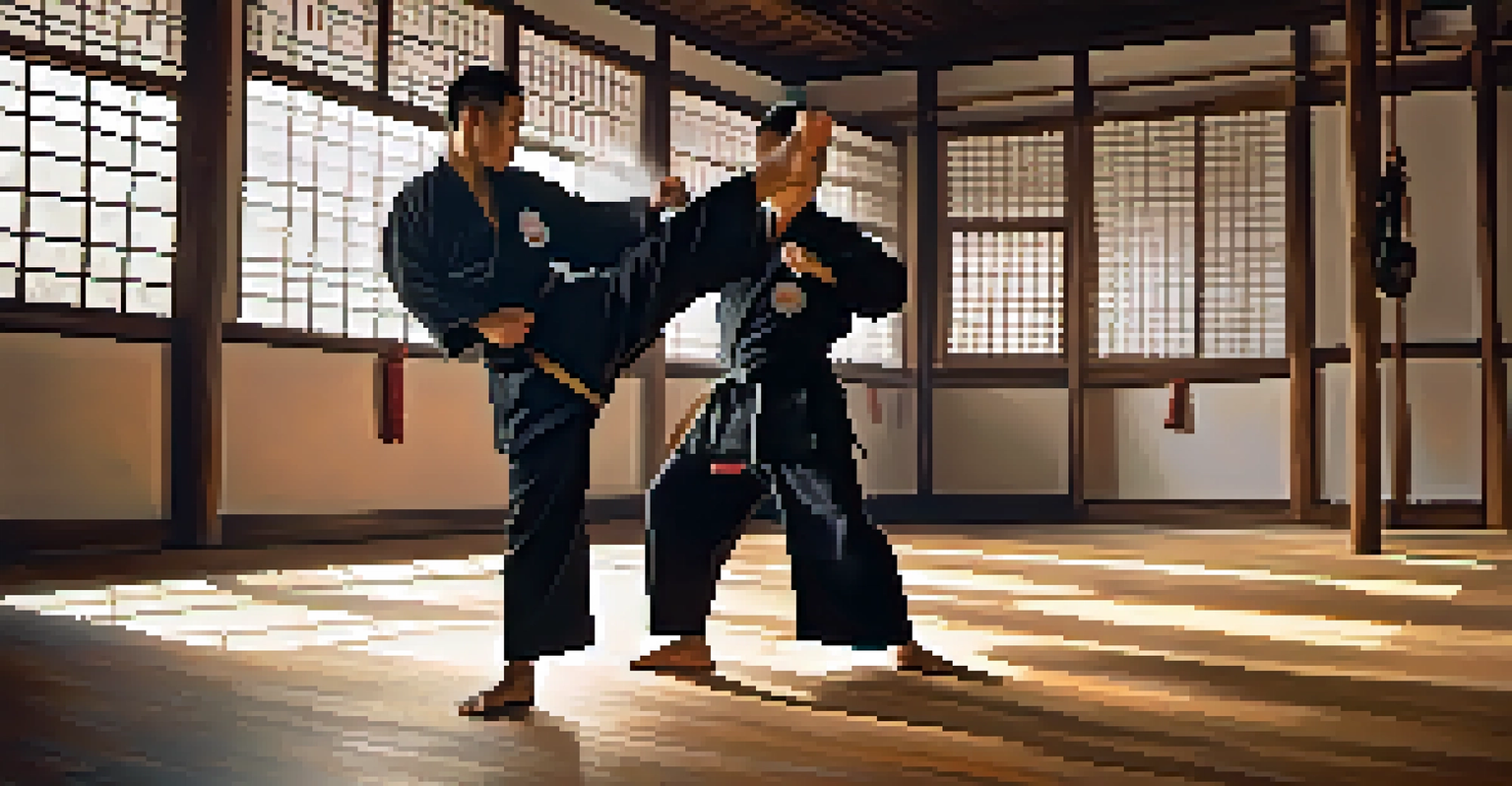 Two martial artists sparring in a rustic dojo, showcasing expressions of concentration and determination.