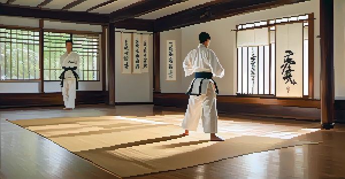 A martial artist in a white uniform practicing in a well-lit dojo with wooden floors and traditional decor.