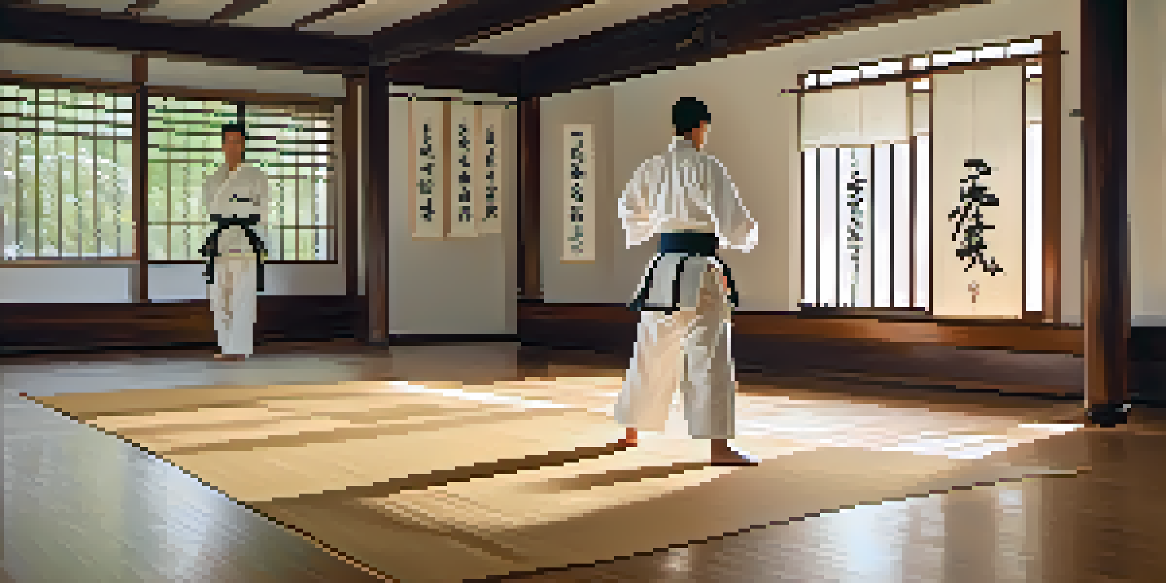 A martial artist in a white uniform practicing in a well-lit dojo with wooden floors and traditional decor.