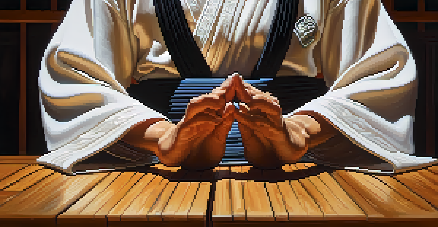 Close-up of a martial artist's hands in a meditative pose in a warmly lit dojo, with traditional symbols in the background.