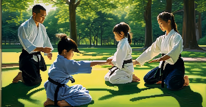 A diverse family practicing martial arts in a sunlit park, showing joy and focus.