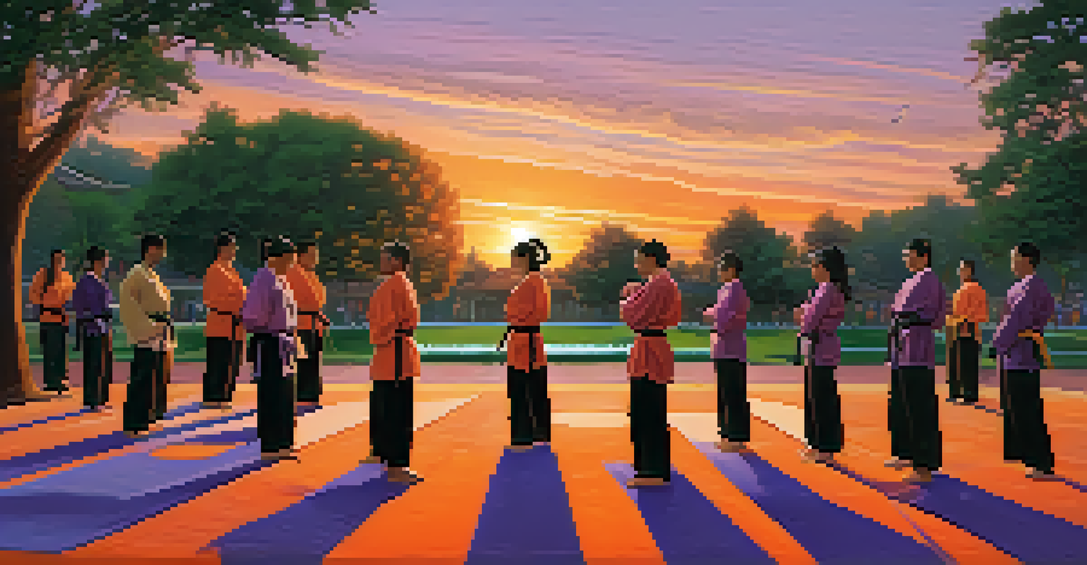 A group of martial artists practicing in a park during sunset, surrounded by nature and vibrant colors in the sky.