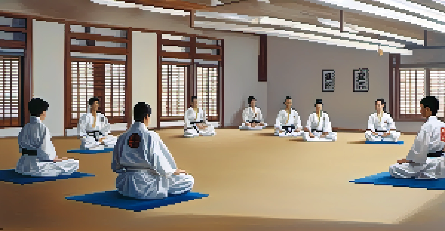 Students meditating in a Taekwondo dojo, surrounded by soft lighting and traditional decor, creating a serene atmosphere.