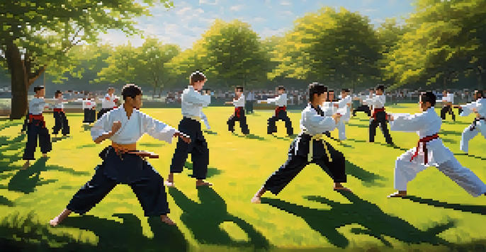 A diverse group of martial arts students practicing in a sunny outdoor park, surrounded by trees and flowers.