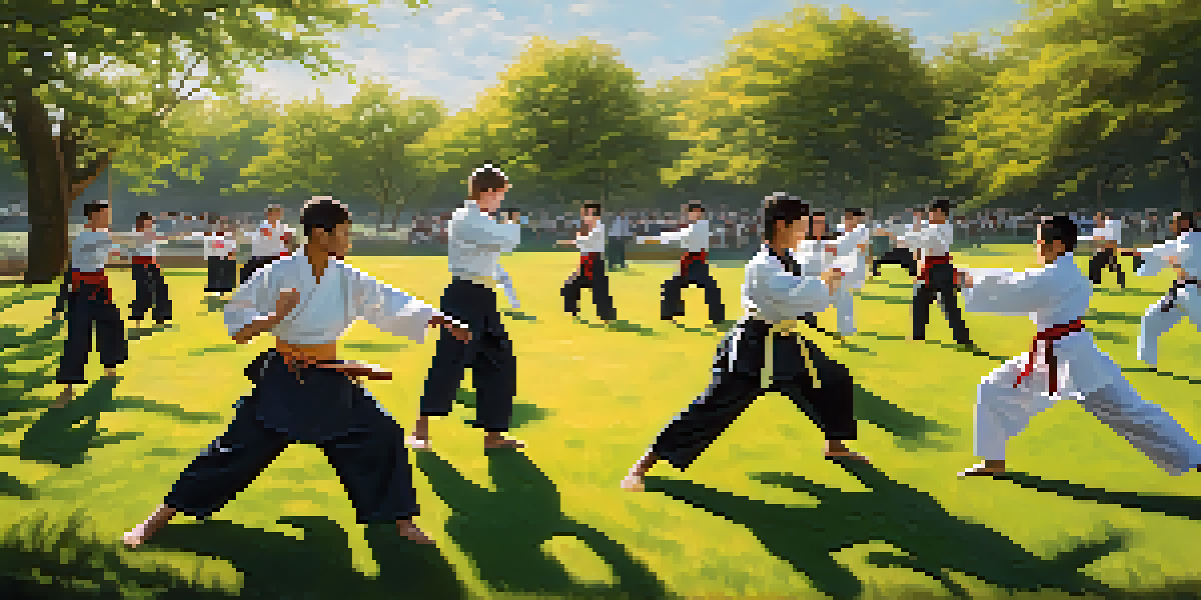A diverse group of martial arts students practicing in a sunny outdoor park, surrounded by trees and flowers.