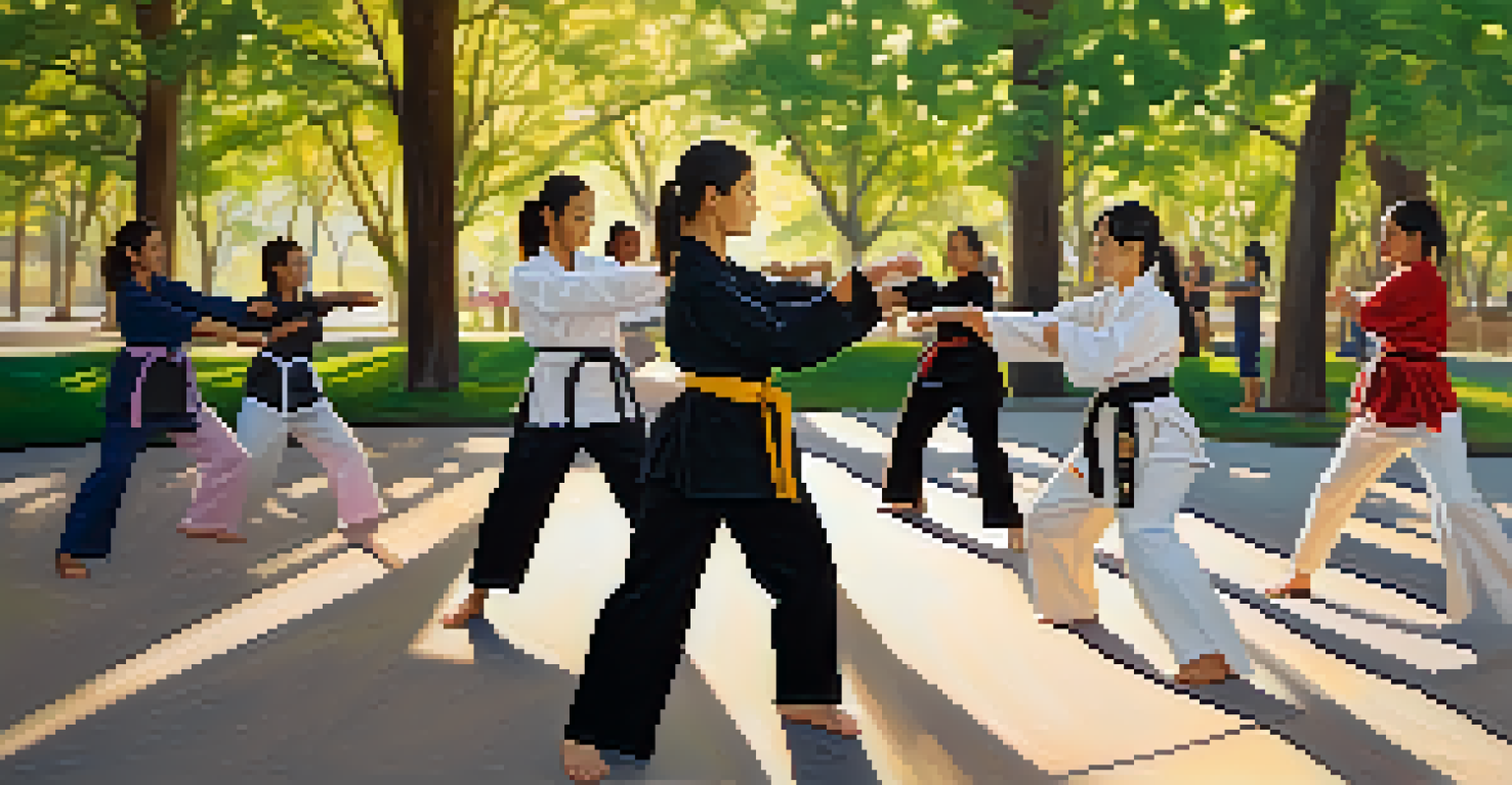 A female martial arts instructor teaching a self-defense class in a park, surrounded by diverse women practicing techniques with enthusiasm.