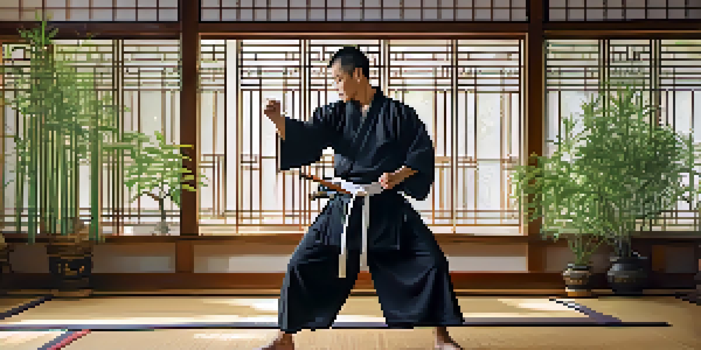 A peaceful dojo with a martial artist practicing, illuminated by natural light and surrounded by bamboo.
