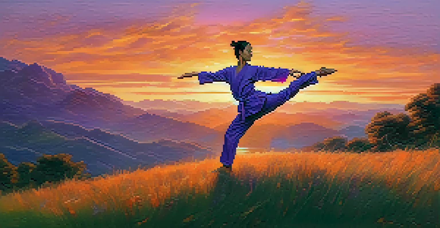 A martial artist doing yoga during sunset in a peaceful grassy field, radiating calmness.