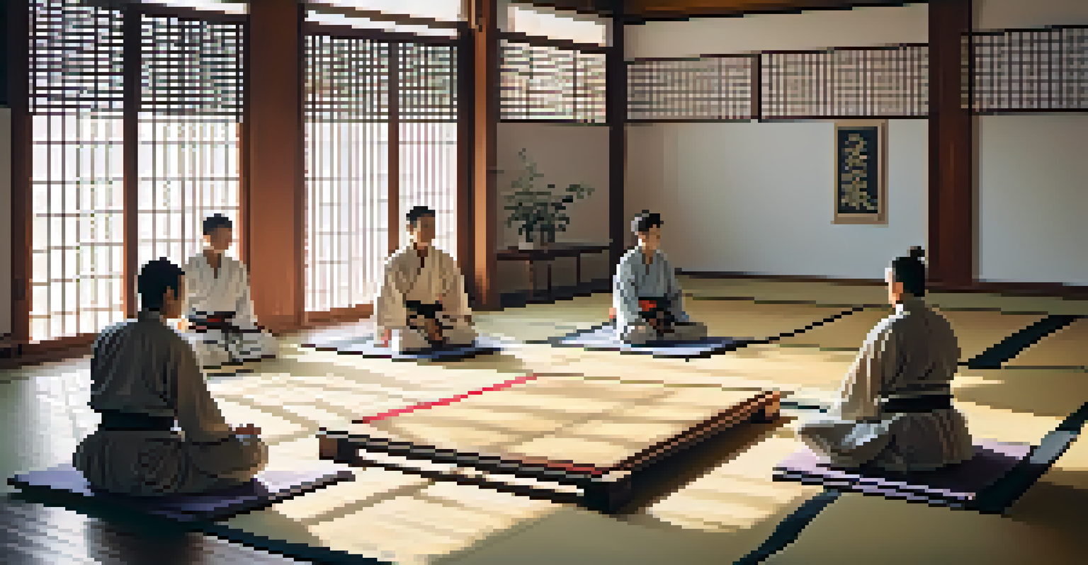 A group of martial artists seated in a circle, practicing mindfulness in a tranquil dojo.