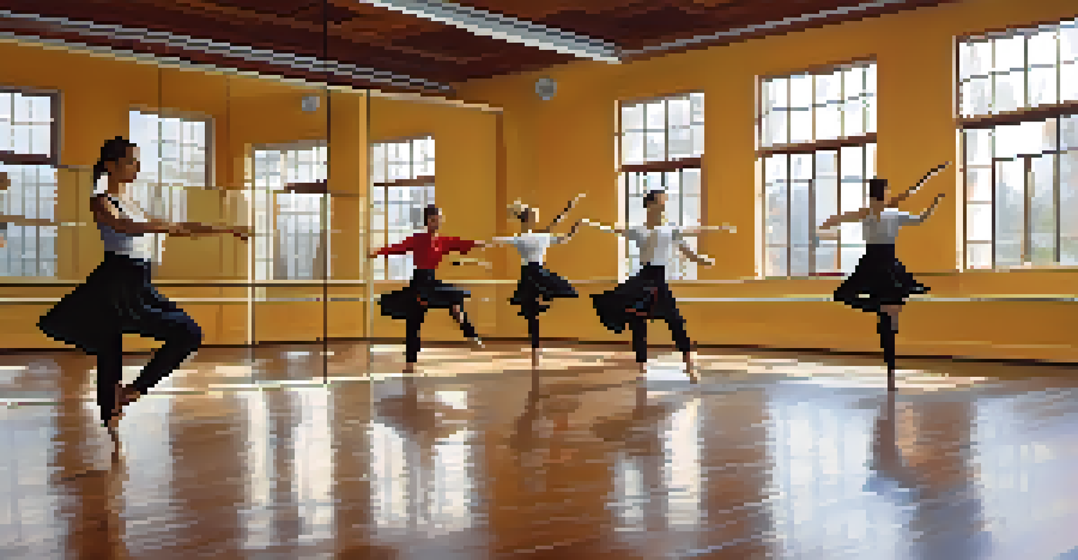 A group of dancers integrating martial arts techniques into their contemporary routine in a rehearsal studio with mirrors.