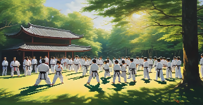 A diverse group of martial arts practitioners training outdoors, performing various techniques in a sunny environment.