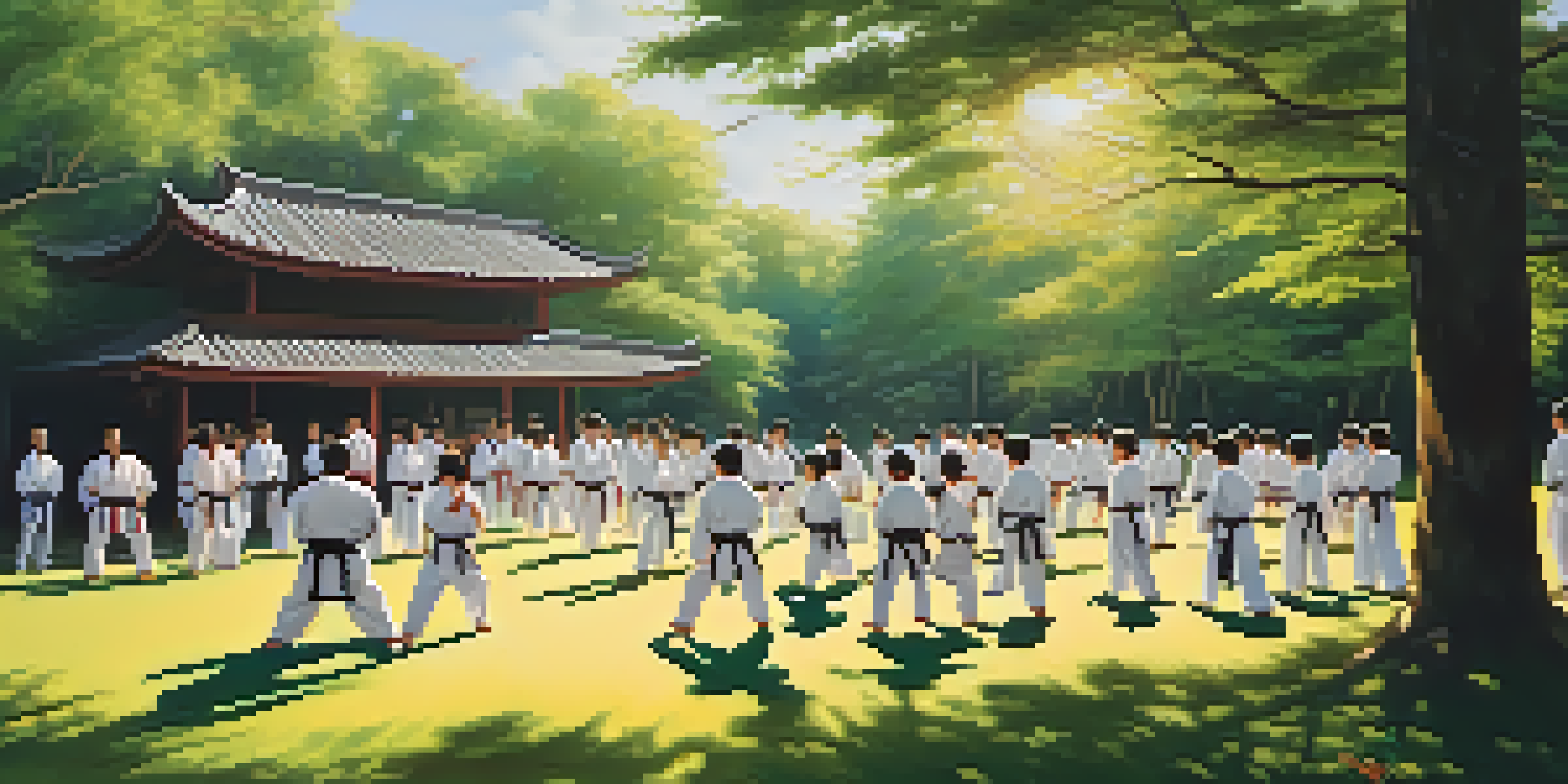 A diverse group of martial arts practitioners training outdoors, performing various techniques in a sunny environment.