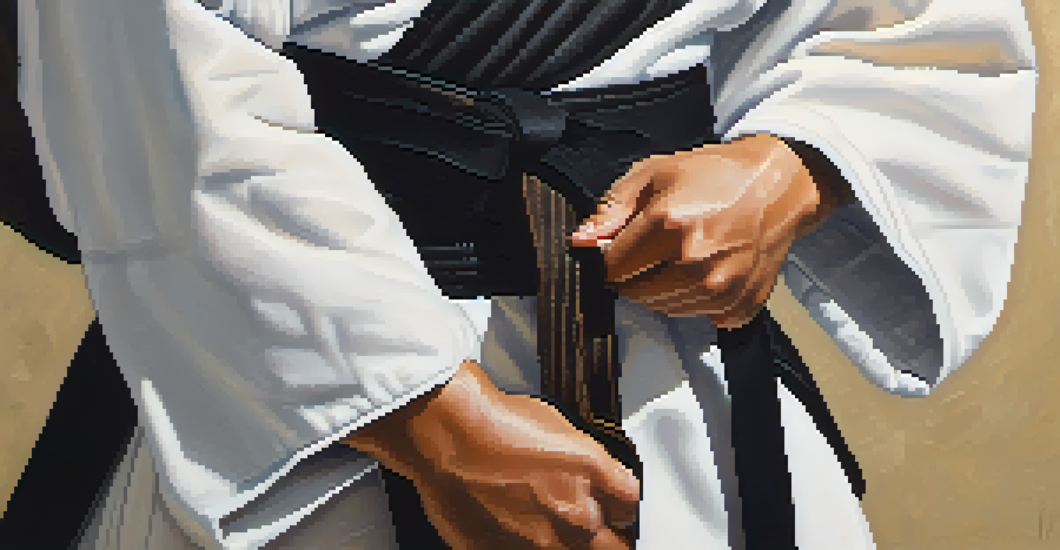 Close-up of a martial artist tying their belt, showing focused hands and a determined expression.
