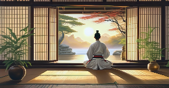 A martial artist meditating in a serene dojo at sunrise, with golden light filtering in and bamboo plants surrounding them.