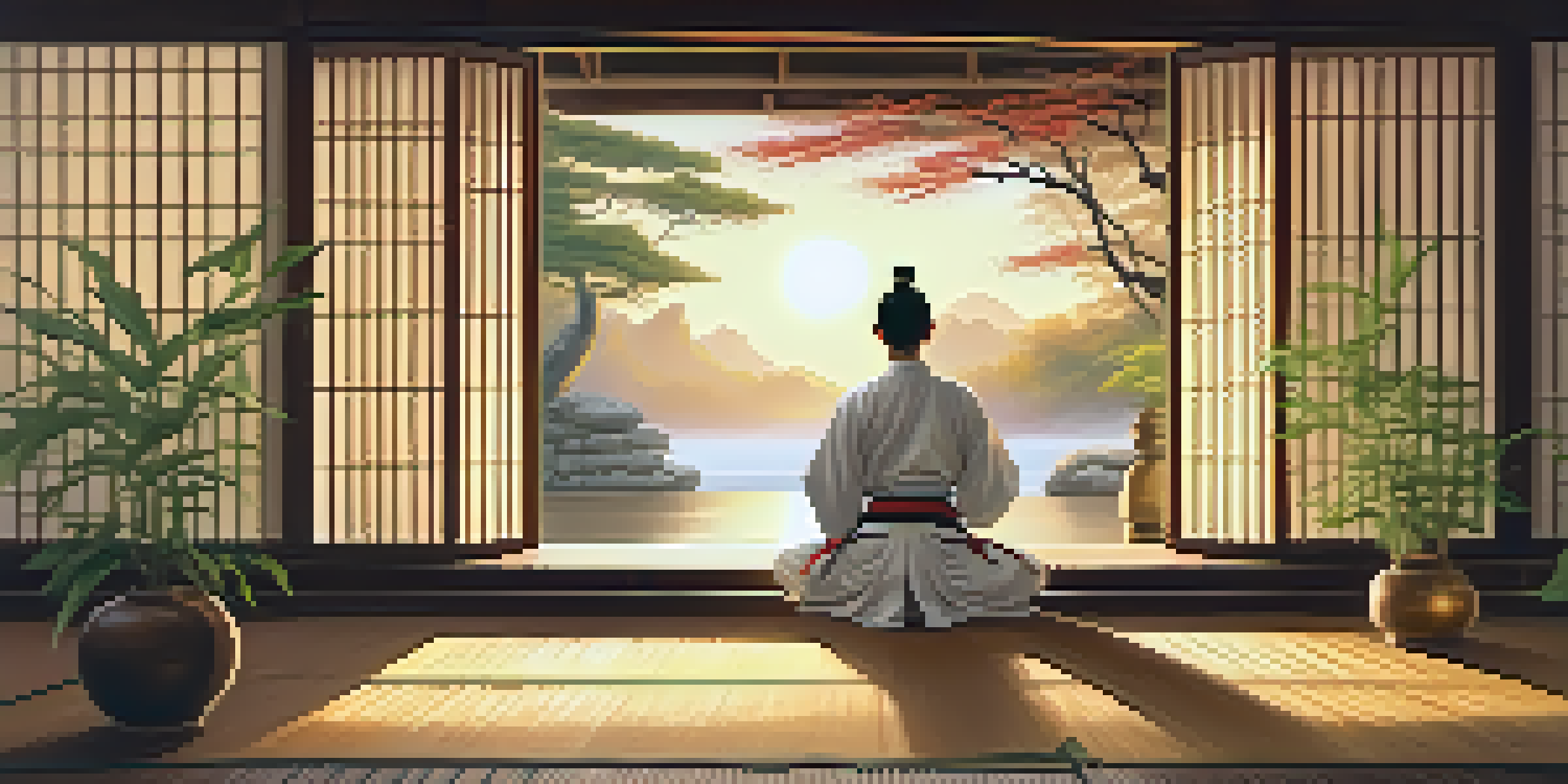 A martial artist meditating in a serene dojo at sunrise, with golden light filtering in and bamboo plants surrounding them.