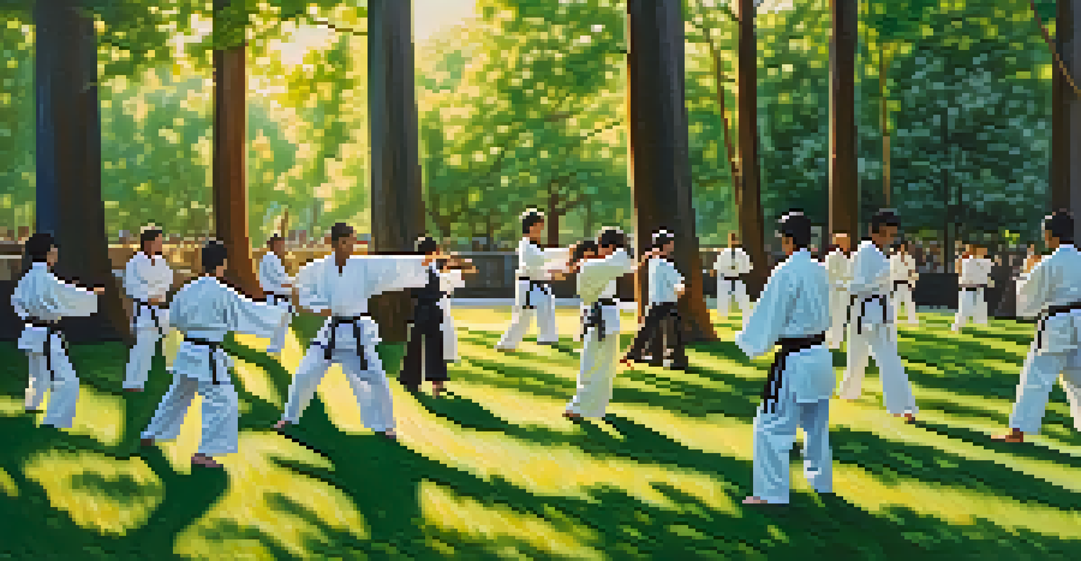 A diverse group of martial artists practicing in a park, with sunlight filtering through trees and casting shadows on the grass.