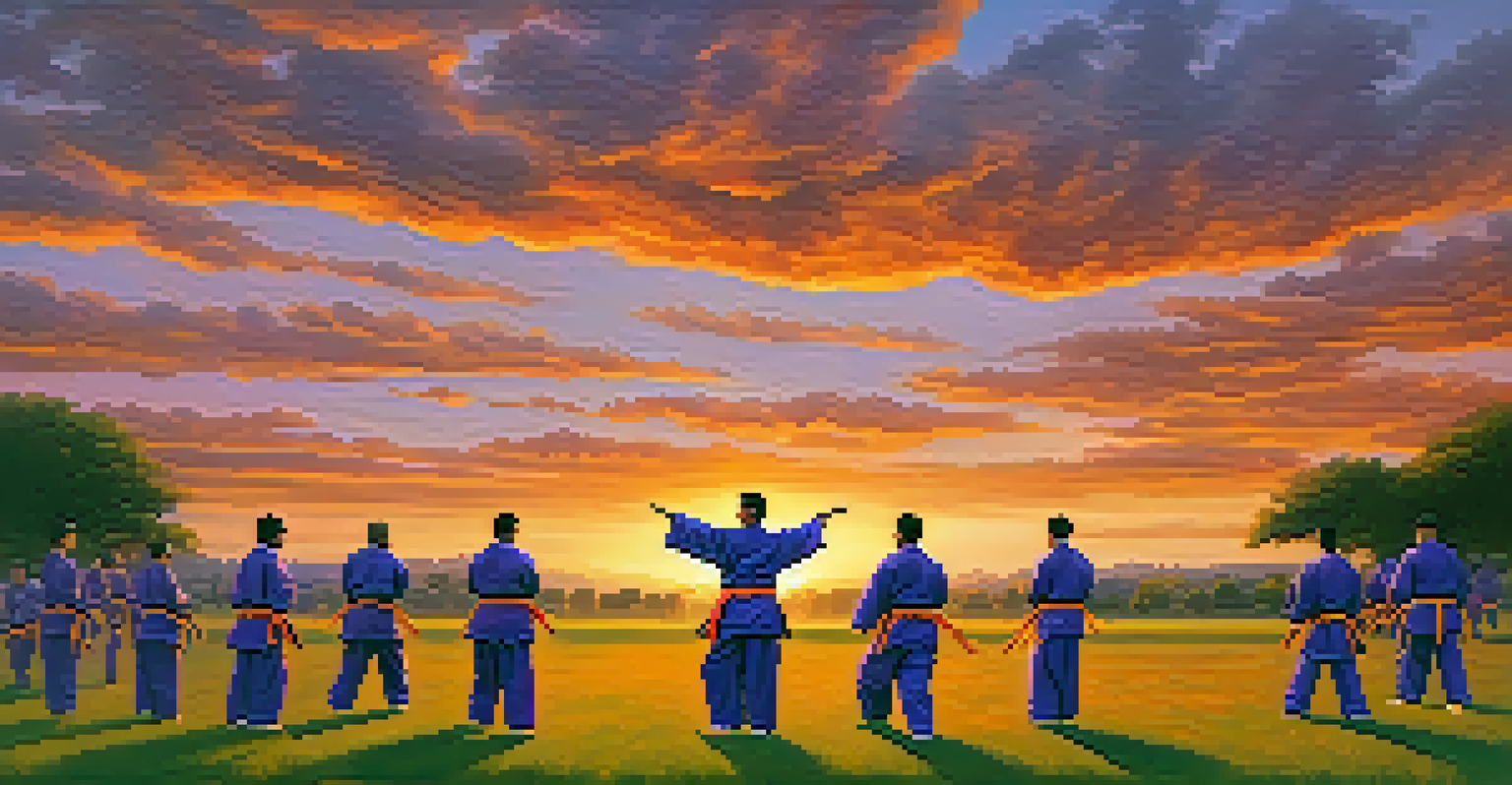 A group of diverse martial arts students practicing outside during sunset, with colorful skies and dynamic poses.