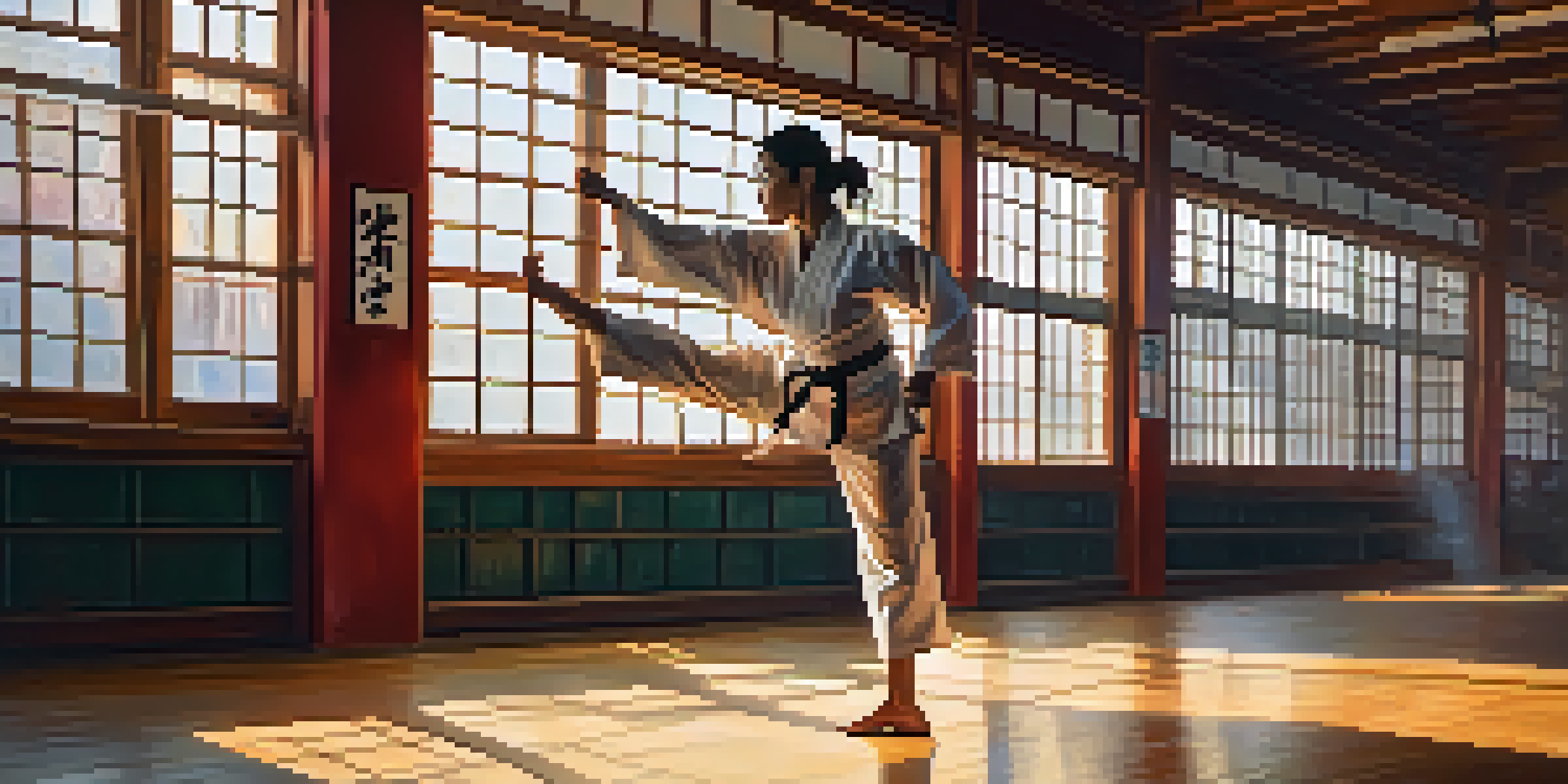 A female martial artist executing a high kick in a brightly lit dojo, showcasing strength and focus.