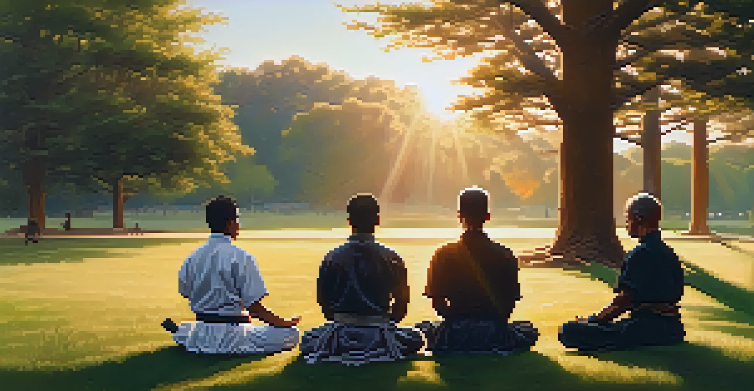 A group of martial artists meditating together outdoors, promoting community and calmness.