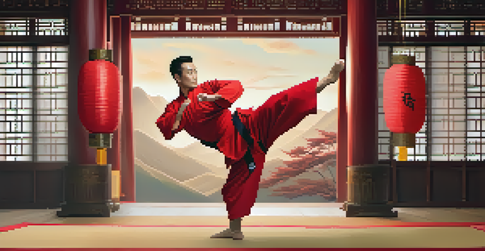 A kung fu master performing a mid-air kick in a traditional dojo with wooden pillars and paper lanterns.