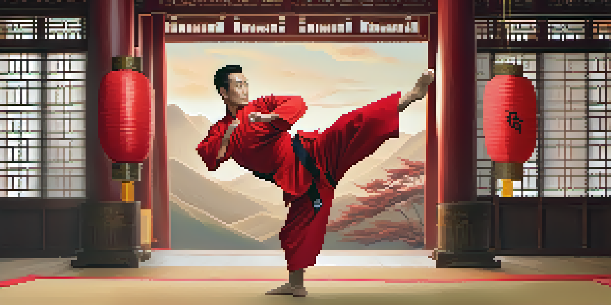 A kung fu master performing a mid-air kick in a traditional dojo with wooden pillars and paper lanterns.