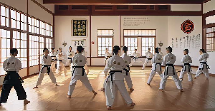 A peaceful dojo with students practicing martial arts, showcasing diversity and teamwork.