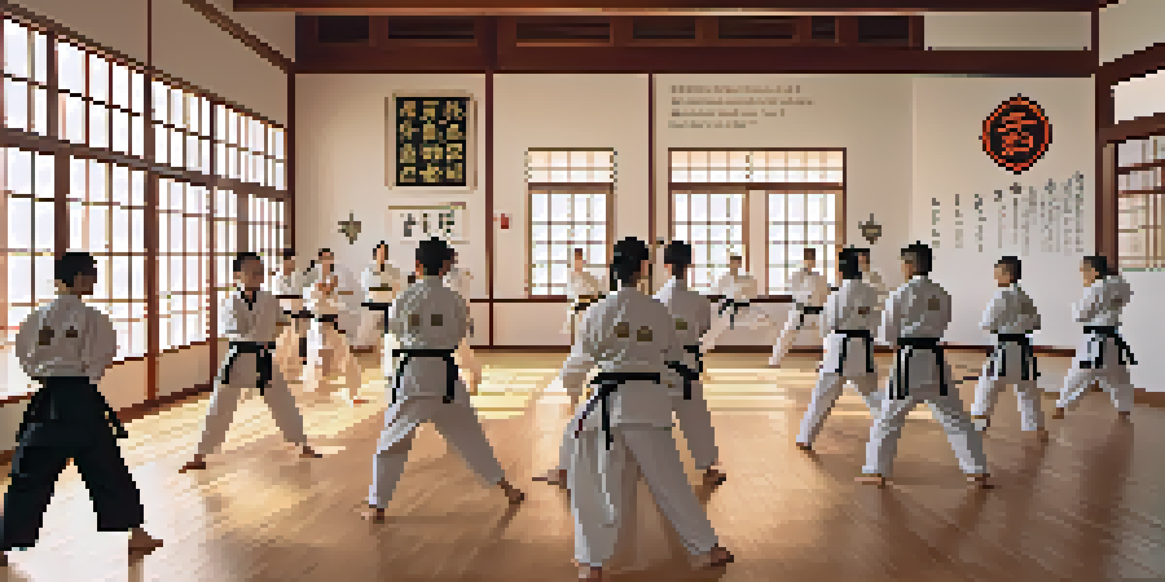 A peaceful dojo with students practicing martial arts, showcasing diversity and teamwork.