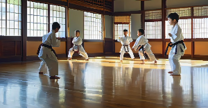 A dojo with young martial artists practicing their techniques, highlighting focus and discipline.