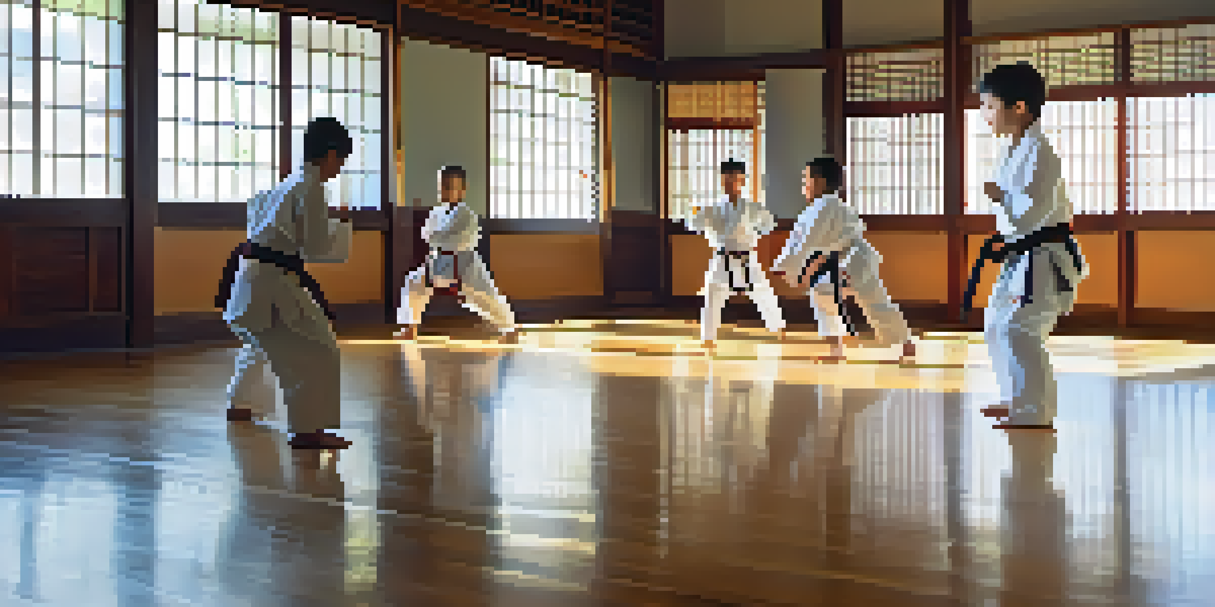 A dojo with young martial artists practicing their techniques, highlighting focus and discipline.