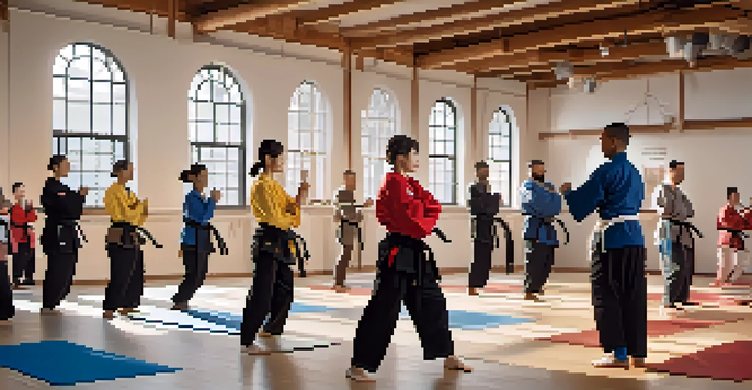 A diverse group of employees practicing martial arts techniques in a bright studio, wearing uniforms and displaying focused expressions.