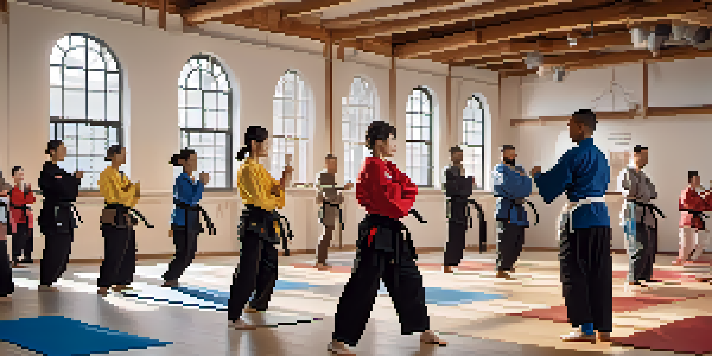 A diverse group of employees practicing martial arts techniques in a bright studio, wearing uniforms and displaying focused expressions.