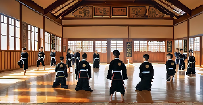 A bright and peaceful martial arts studio with students practicing forms in traditional uniforms on a polished wooden floor.