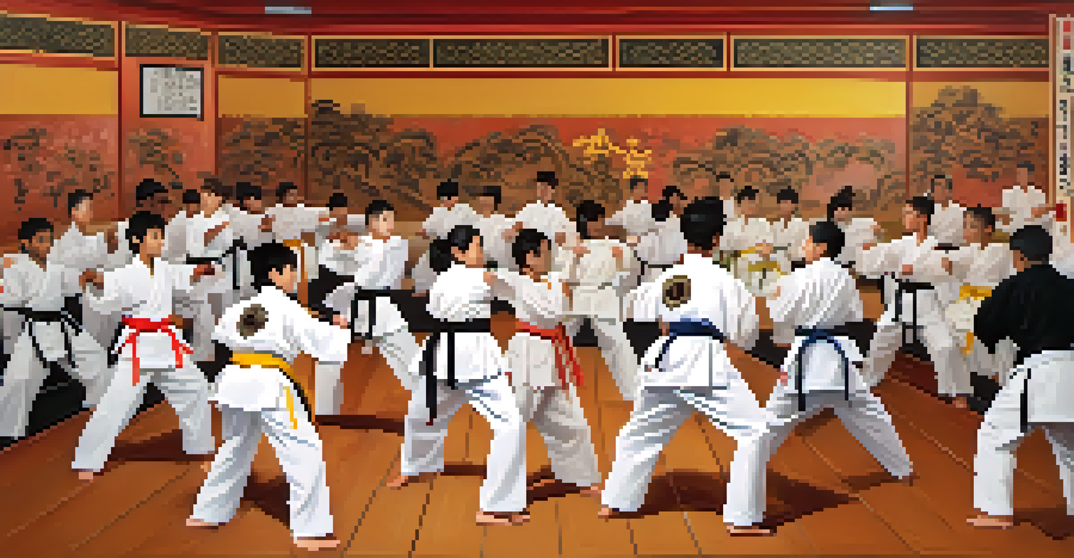 A diverse group of martial arts students practicing together in a dojo, showcasing camaraderie and teamwork.